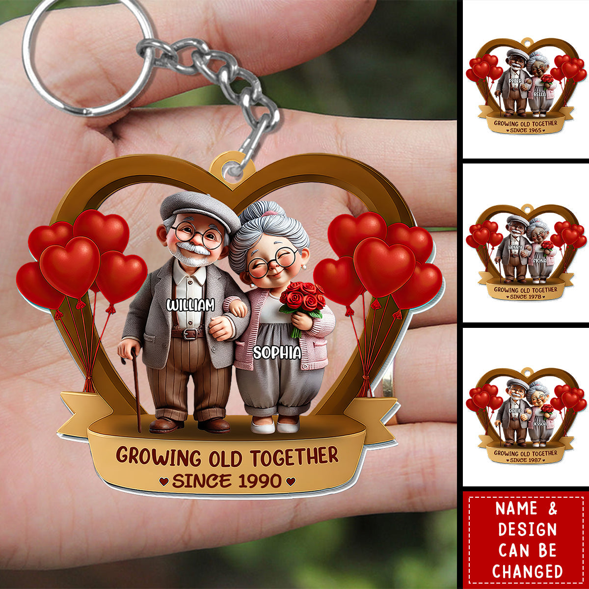 Growing Old Together, Elderly Couple With Hearts And Balloons, Custom Acrylic Keychain