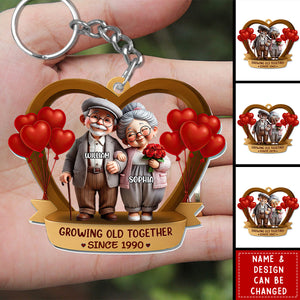 Growing Old Together, Elderly Couple With Hearts And Balloons, Custom Acrylic Keychain