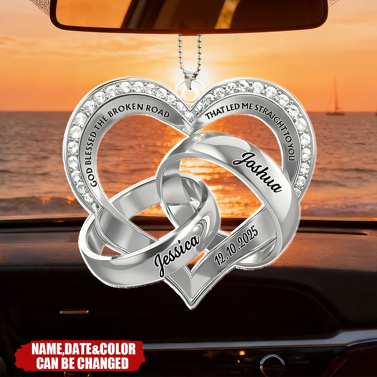 God Blessed The Broken Road, Heart And Rings - Personalized Acrylic Car Ornament