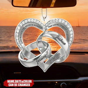 God Blessed The Broken Road, Heart And Rings - Personalized Acrylic Car Ornament