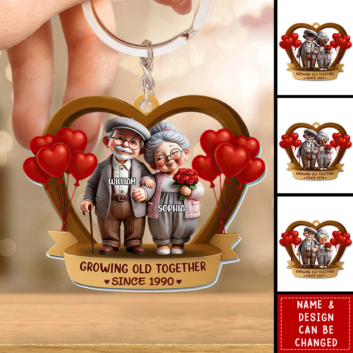 Growing Old Together, Elderly Couple With Hearts And Balloons, Custom Acrylic Keychain
