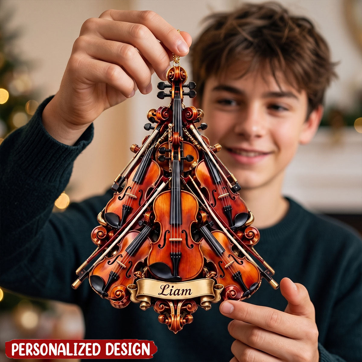 Custom Name Violin Christmas Tree Ornament, Unique Violin Player Holiday Decor