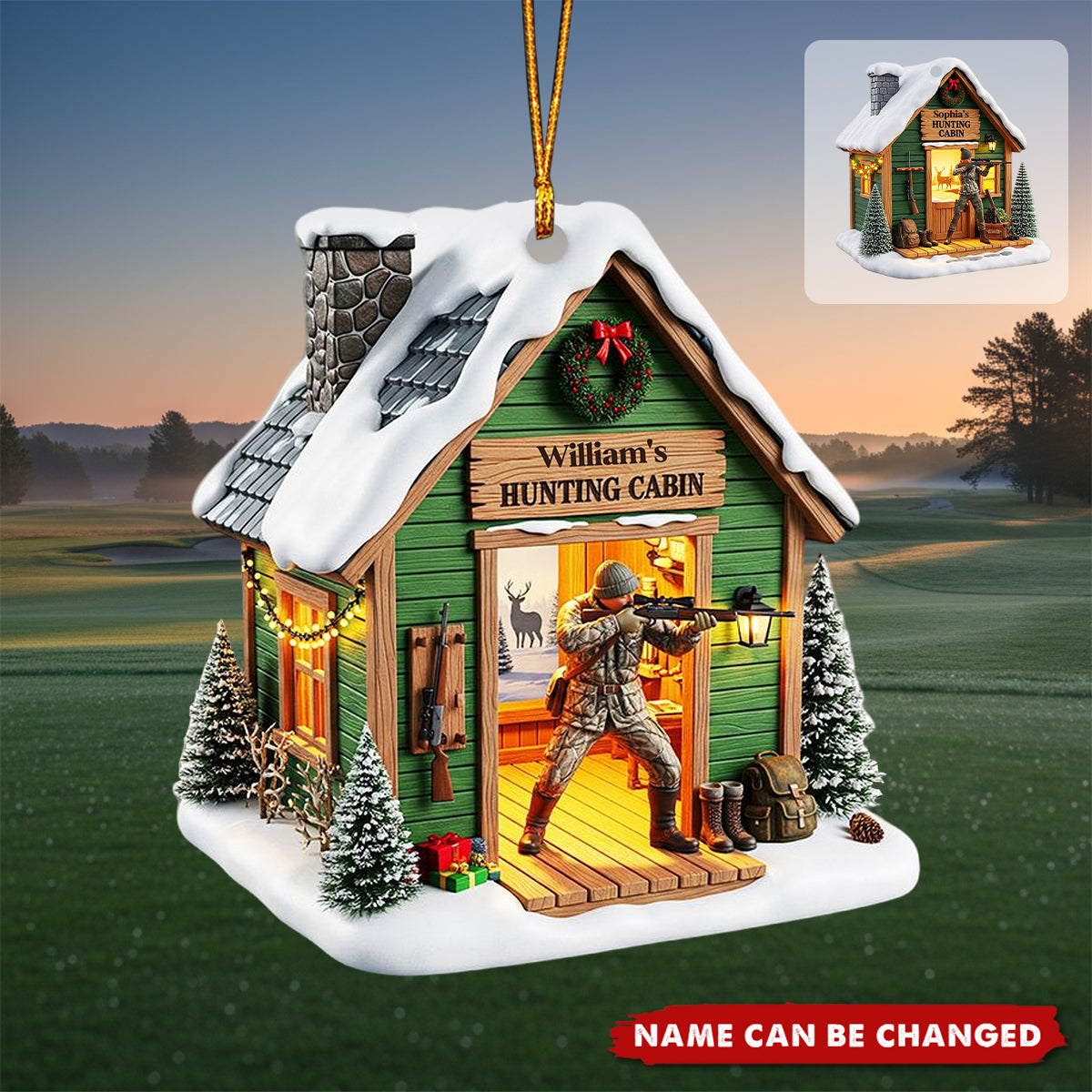 Hunting Cabin Christmas Ornament - Personalized Gift For Hunters