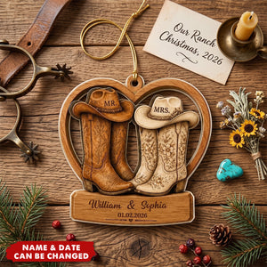 Personalized Cowboy Boots Double-Layer Acrylic Ornament, Custom Western Wedding "Mr. & Mrs." Decoration