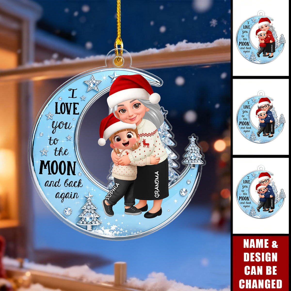 Acrylic Ornament - Grandma & Grandchild on Crescent Moon, I love you to the moon and back
