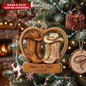Personalized Cowboy Boots Double-Layer Acrylic Ornament, Custom Western Wedding "Mr. & Mrs." Decoration