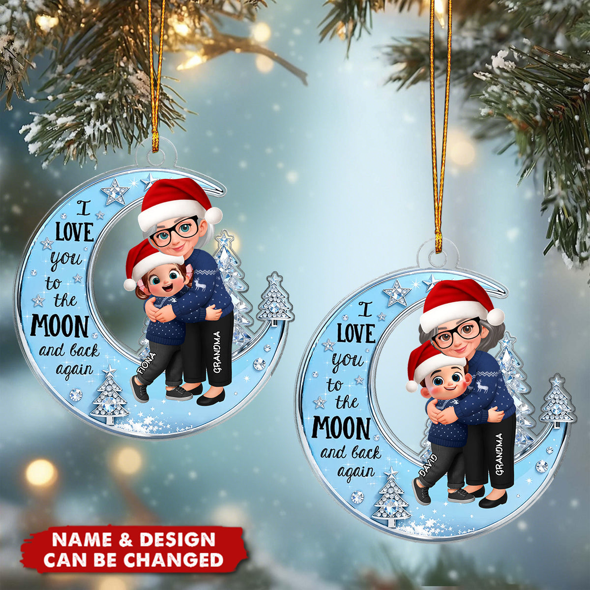 Acrylic Ornament - Grandma & Grandchild on Crescent Moon, I love you to the moon and back