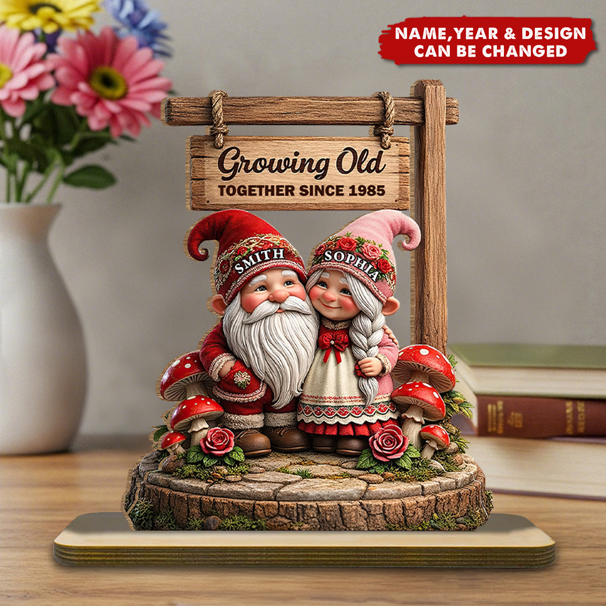 Growing Old Together Since - Personalized Standing Wooden Plaque, Gift For Couples And Grandparents