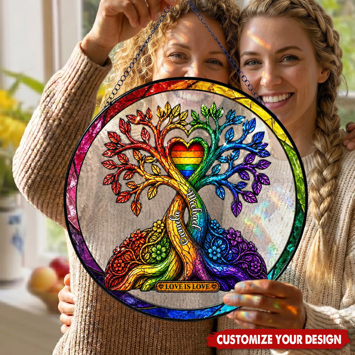 Personalized LGBT Tree of Love Suncatcher - Rainbow Pride Window Hanging
