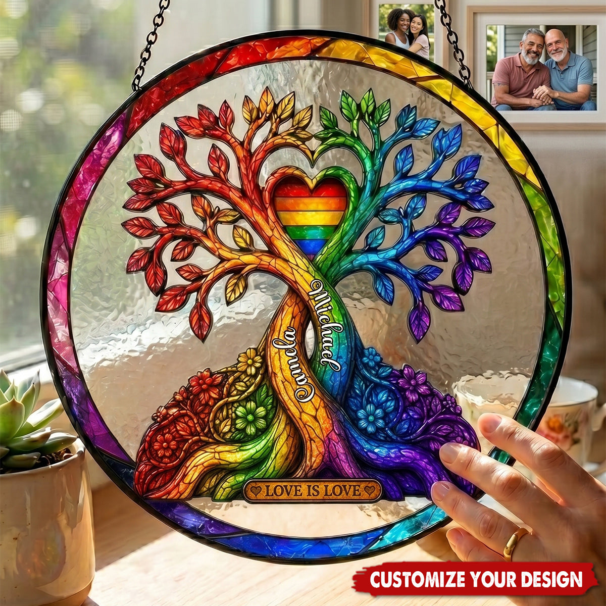 Personalized LGBT Tree of Love Suncatcher - Rainbow Pride Window Hanging