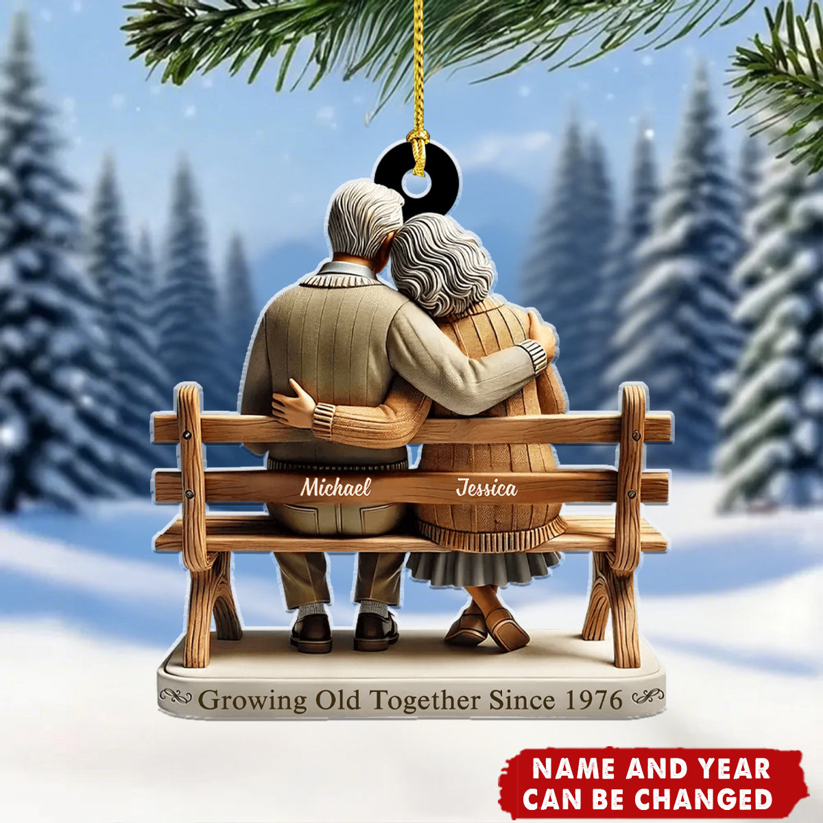Old Couple Sitting On Bench Growing Old Together Since - Personalized Christmas Acrylic Ornament