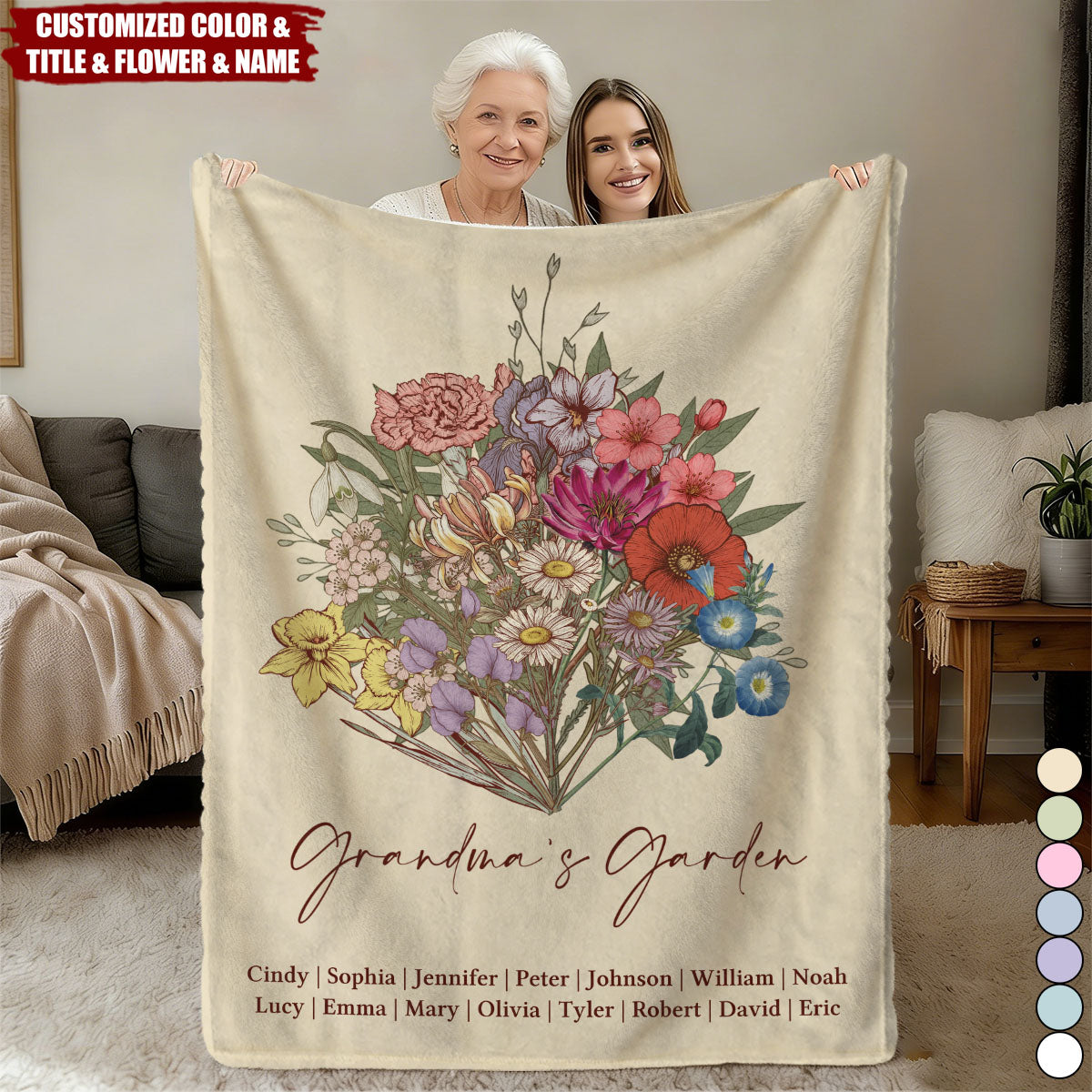 Family Boho Birth Flower Bouquet Flowers Personalized Blanket - Gift For Mom, Grandma, Family