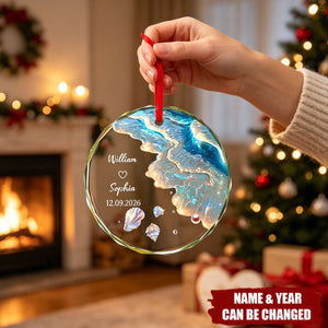 Custom Crystal Ornament for Couple, Romantic Coastal Keepsake with Wedding Portrait Look