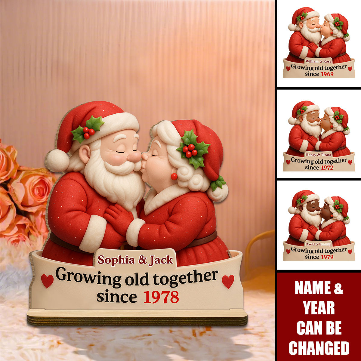 Growing Old Together With Santa Claus Figures, Personalized Wood Plaque