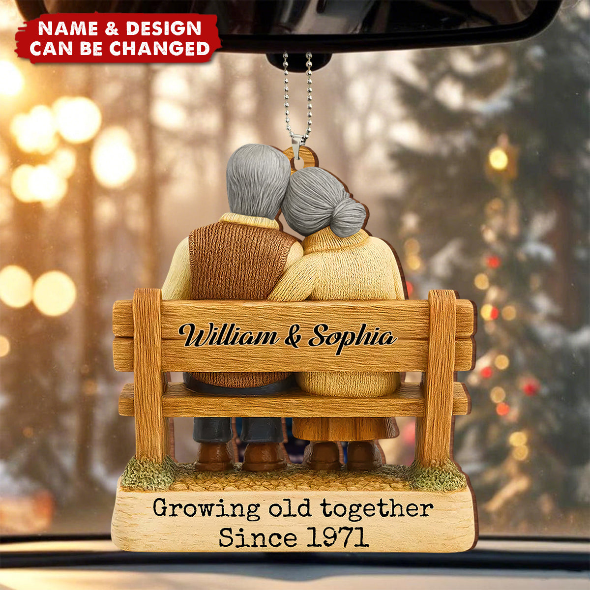 Growing Old Together Since, Loving Couple On Bench, Car Ornament, Gift For Couples