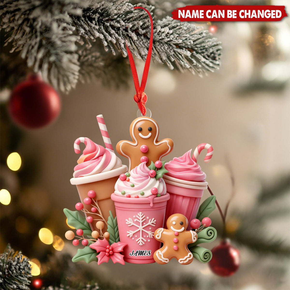Pink Gingerbread Coffee Christmas Personalized Acrylic Ornament