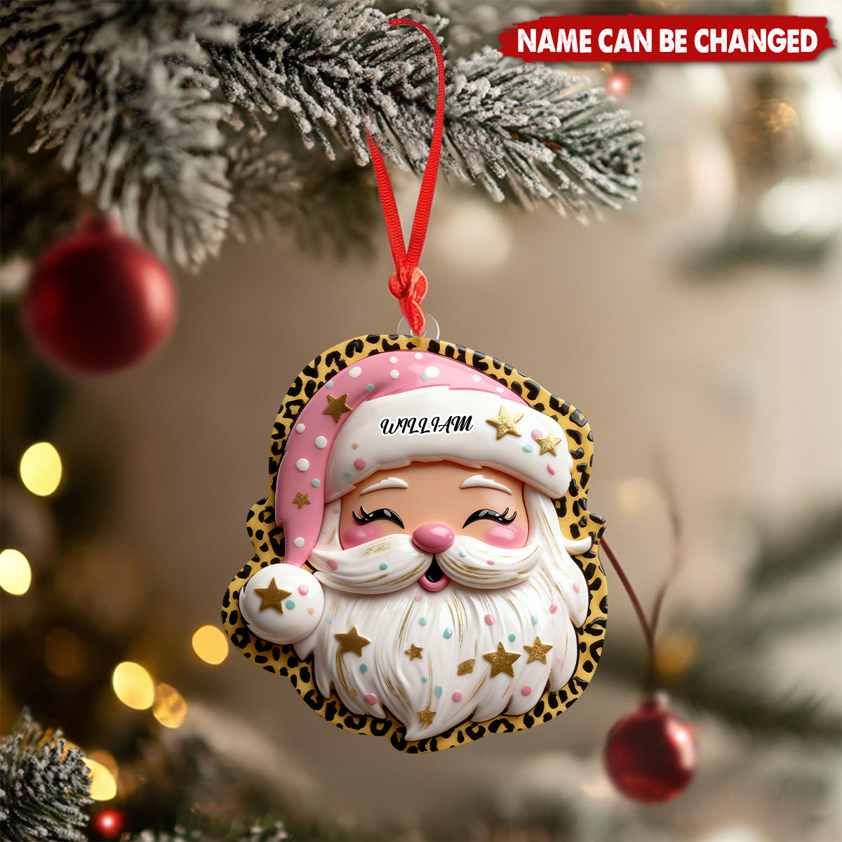 Cute Pink Leopard Christmas Personalized Preppy Santa Acrylic Ornament