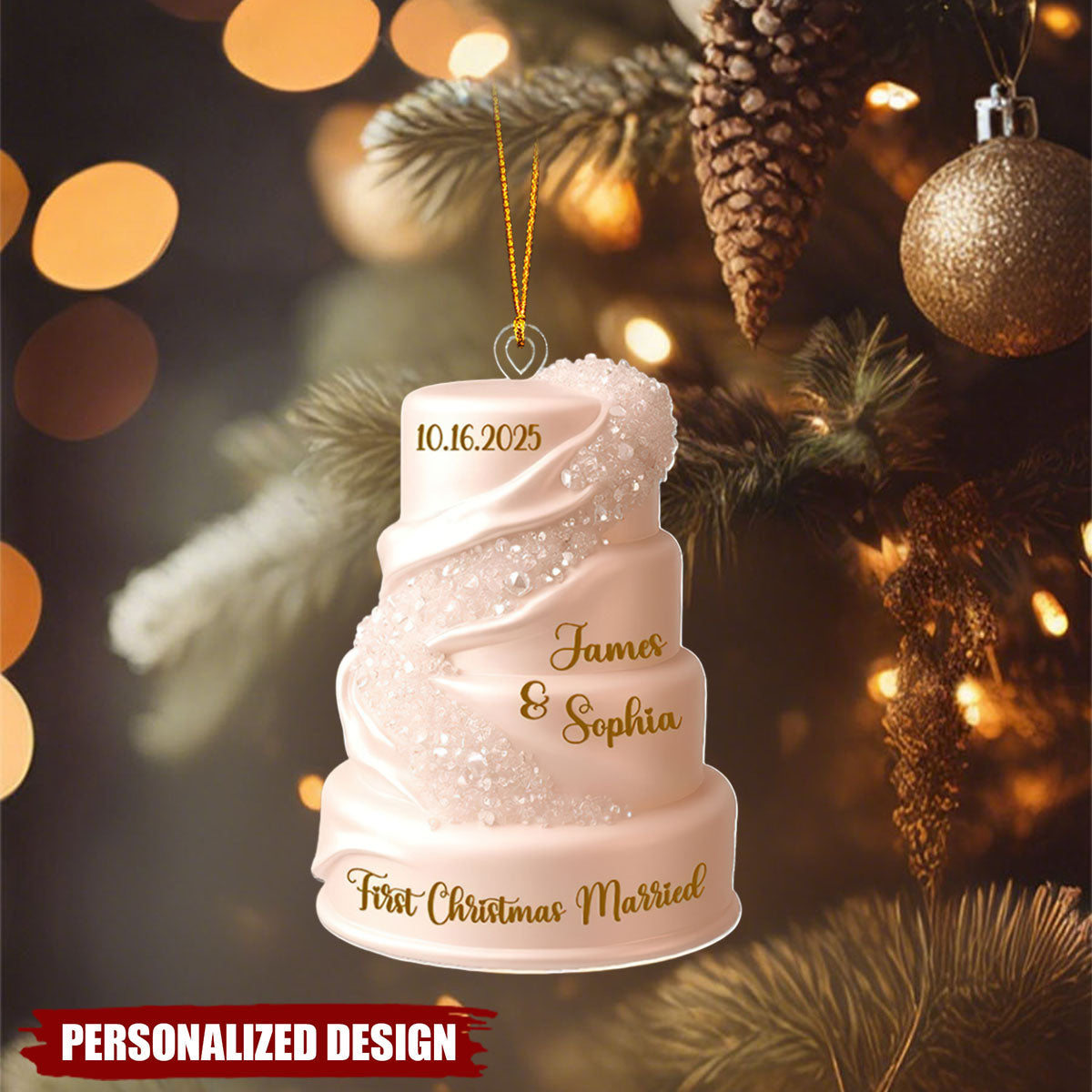 Just Married Keepsake, Wedding Cake FLAT Ornament - Personalized Acrylic Custom Shape Ornament
