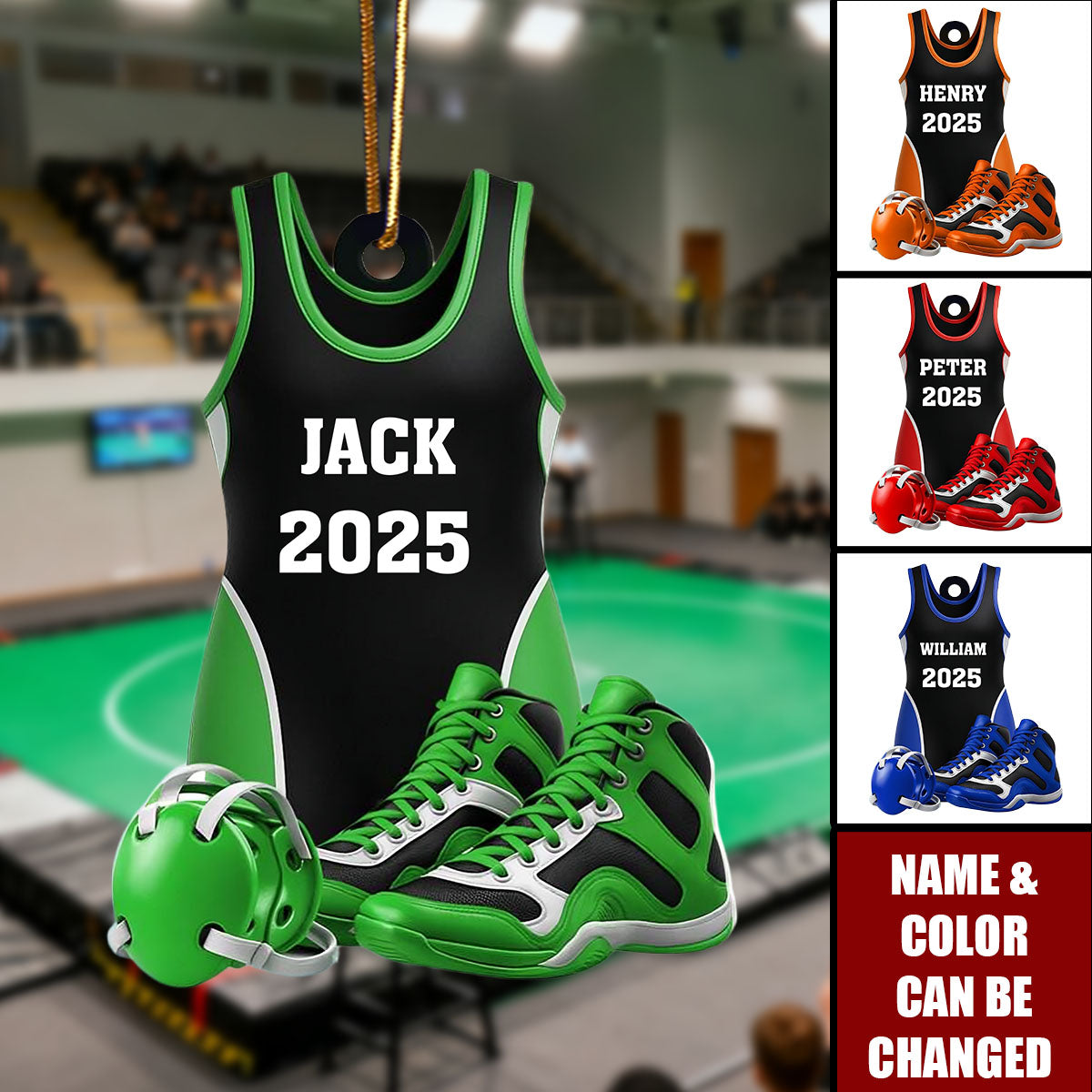 Personalized Wrestling Ornament: Acrylic Shoes & Headgear, Xmas Tree Decor