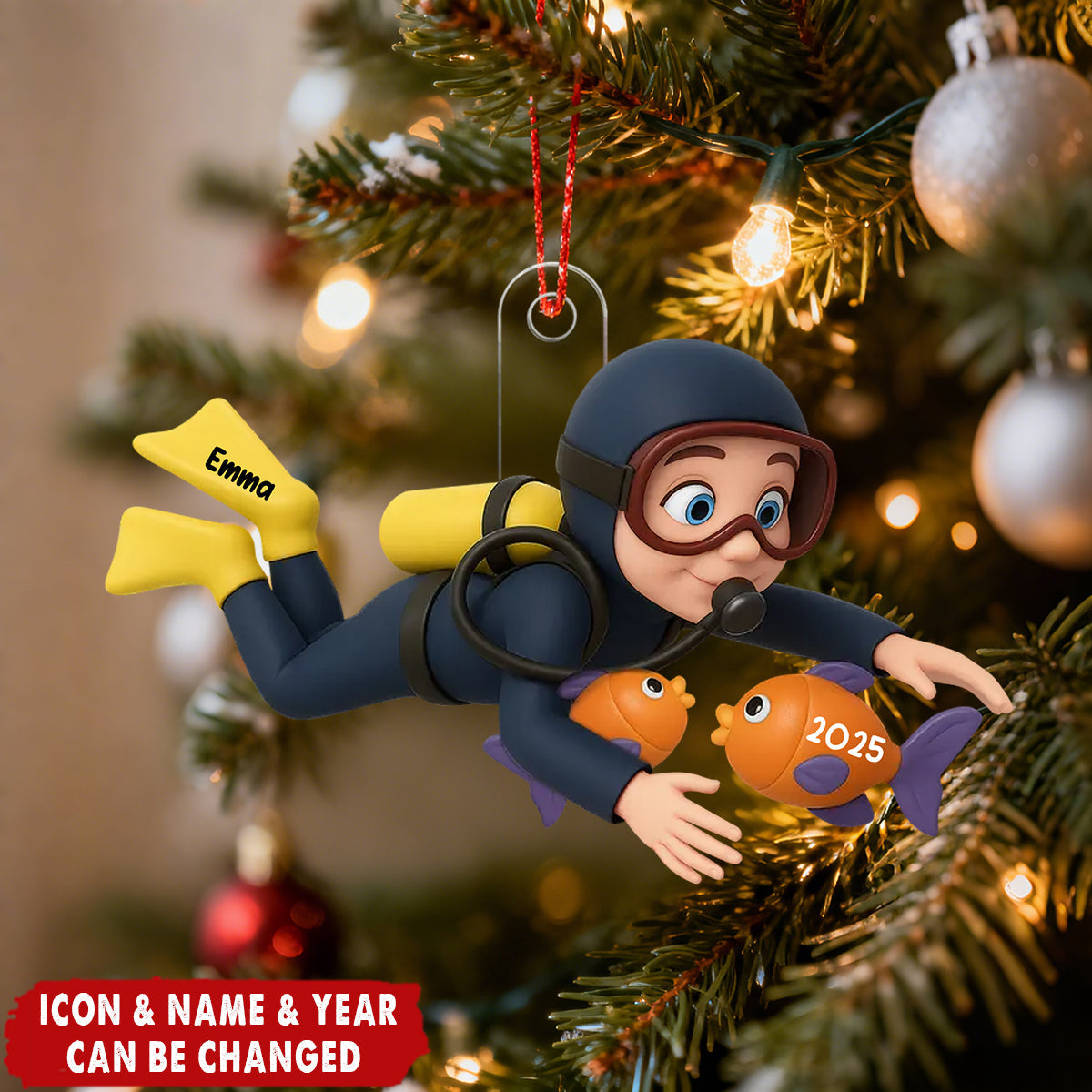 Christmas Boy Girl Scuba Diving - Personalized Acrylic Ornament - Gift For Scuba Diver, Grandson, Granddaughter