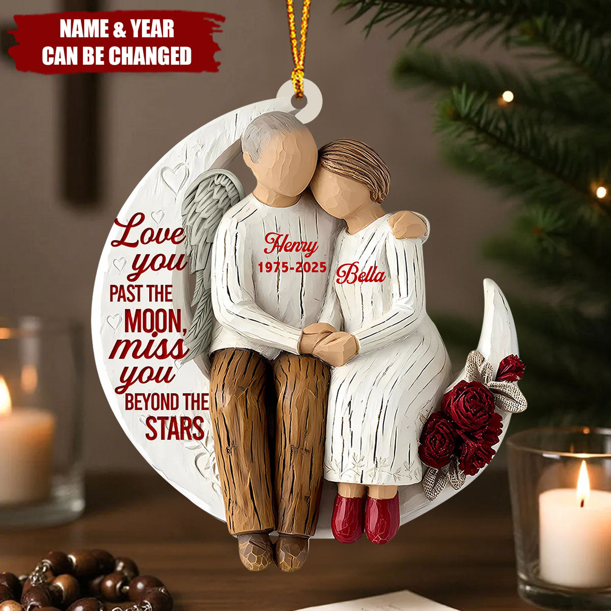 Personalized Memorial Husband and Wife Ornament – Custom Angel Wings Wooden Keepsake