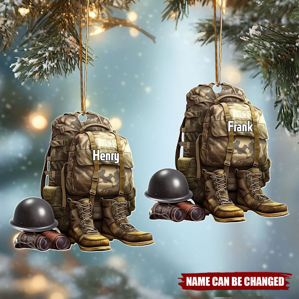 Custom Name Military Uniform Boots & Helmet Christmas Ornament