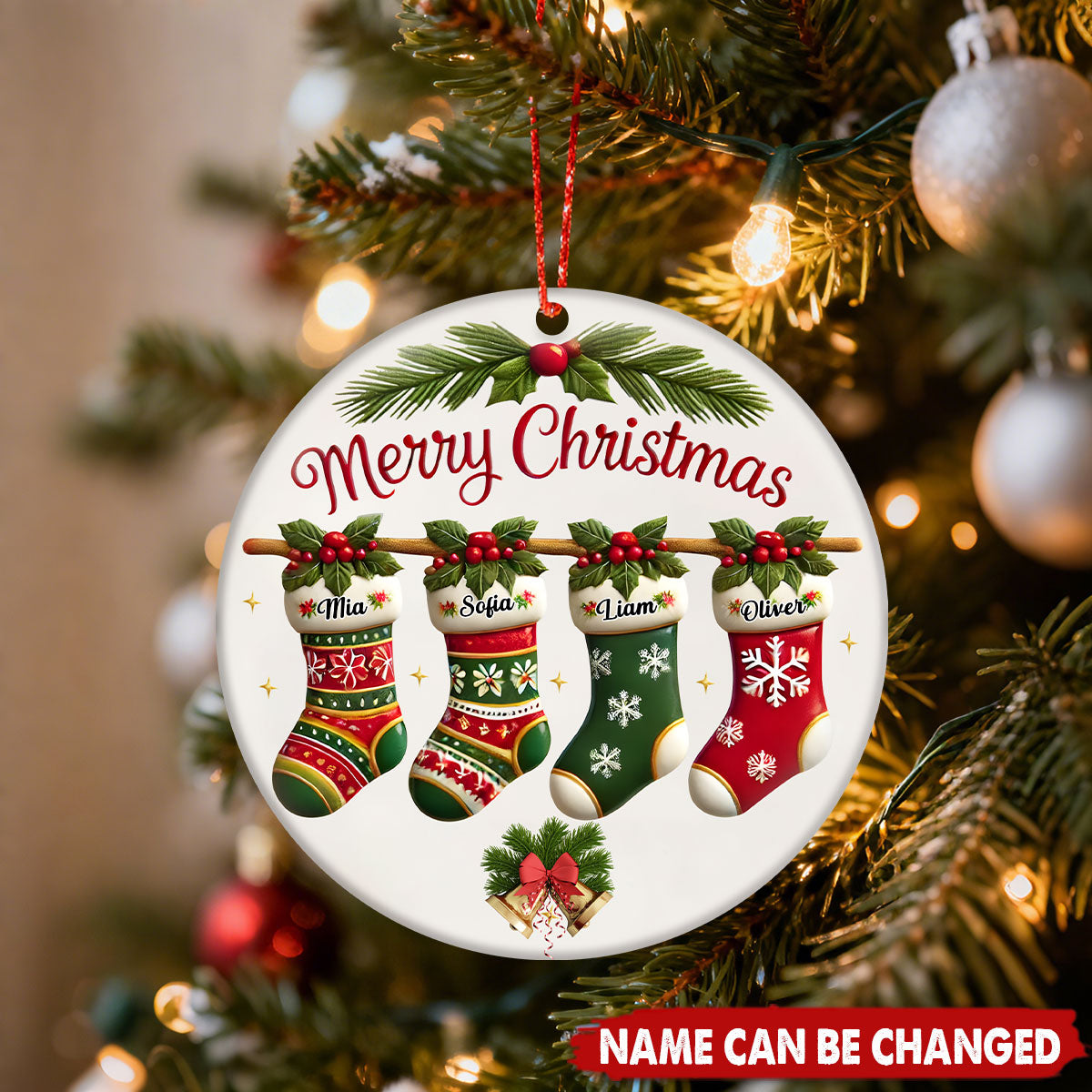 Personalized Family Stockings Christmas Circle Ceramic Ornament