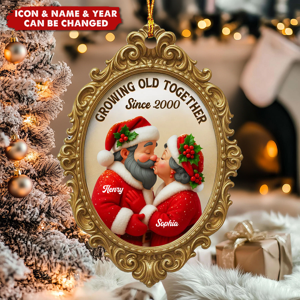 Vintage Golden Frame Mr Mrs Clause - Personalized Acrylic Ornament - Christmas Gift For Couples