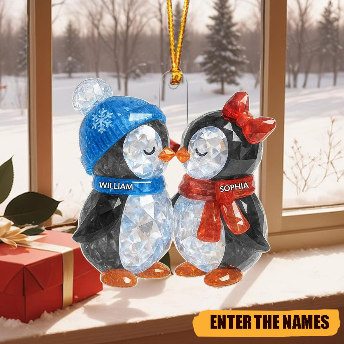 Christmas Penguins Couple Crystal Effect Personalized Acrylic Ornament - Heartwarming Christmas Gift for Couple