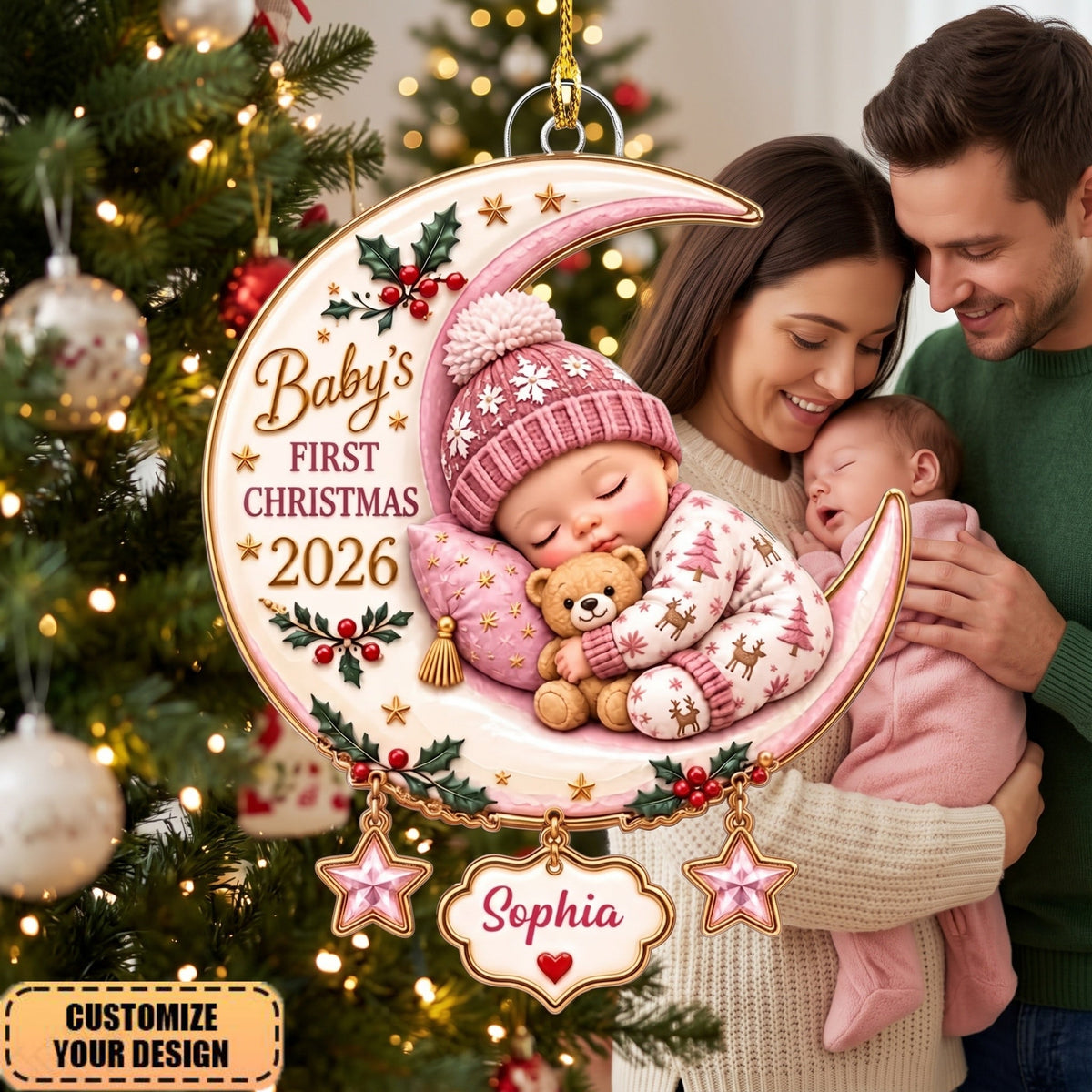 Baby's First Christmas Custom Name Moon & Star - Newborn Christmas Gift for New Parents