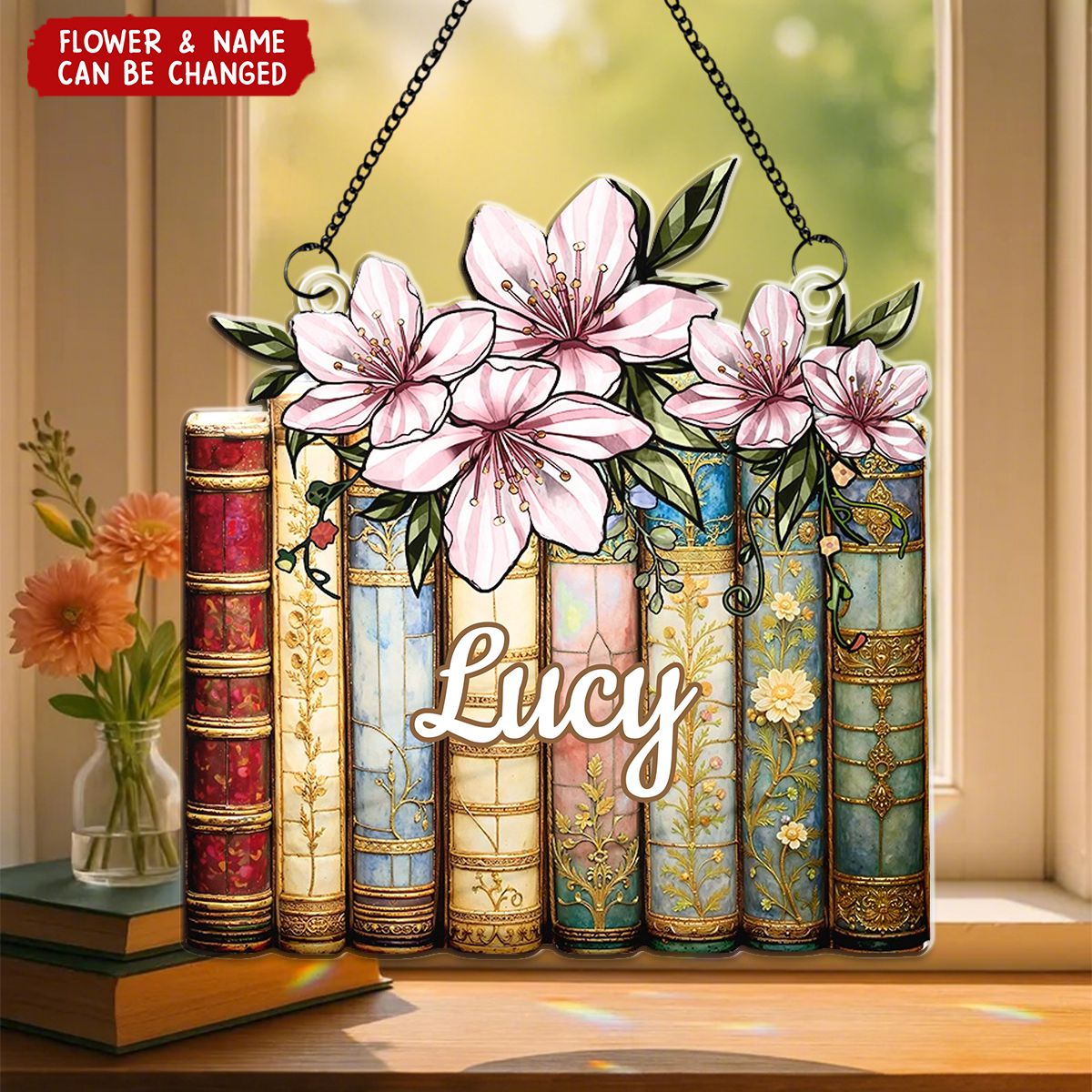 Birth Flower Reading Book Stack Stained Glass Effect - Personalized Window Hanging Suncatcher Ornament