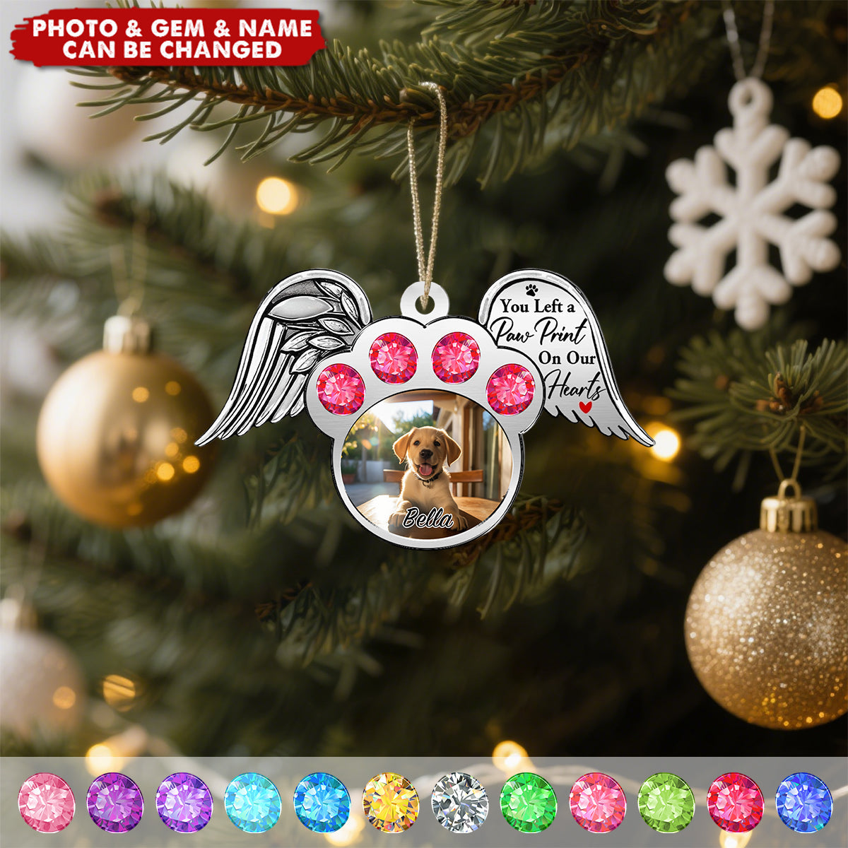 Custom Photo You Left A Paw Print On My Heart Printed Gemstones - Personalized Metal Ornament
