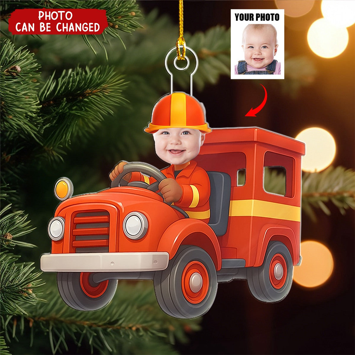 Custom Photo Kid Riding Fire Truck - Acrylic Photo Ornament