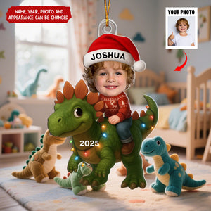 Custom Kid Face With Dinosaur - Personalized Christmas Acrylic Ornament