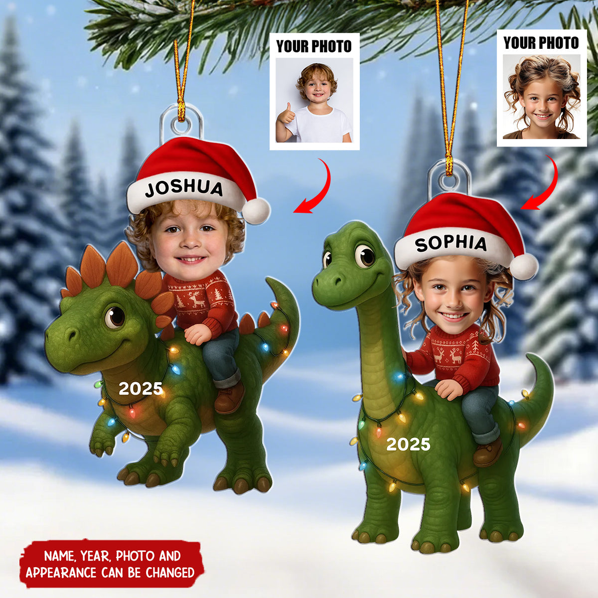 Custom Kid Face With Dinosaur - Personalized Christmas Acrylic Ornament