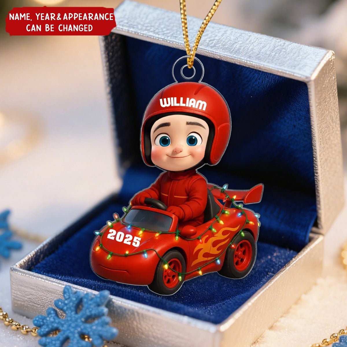 Little Kid Racing Car - Personalized Christmas Acrylic Ornament