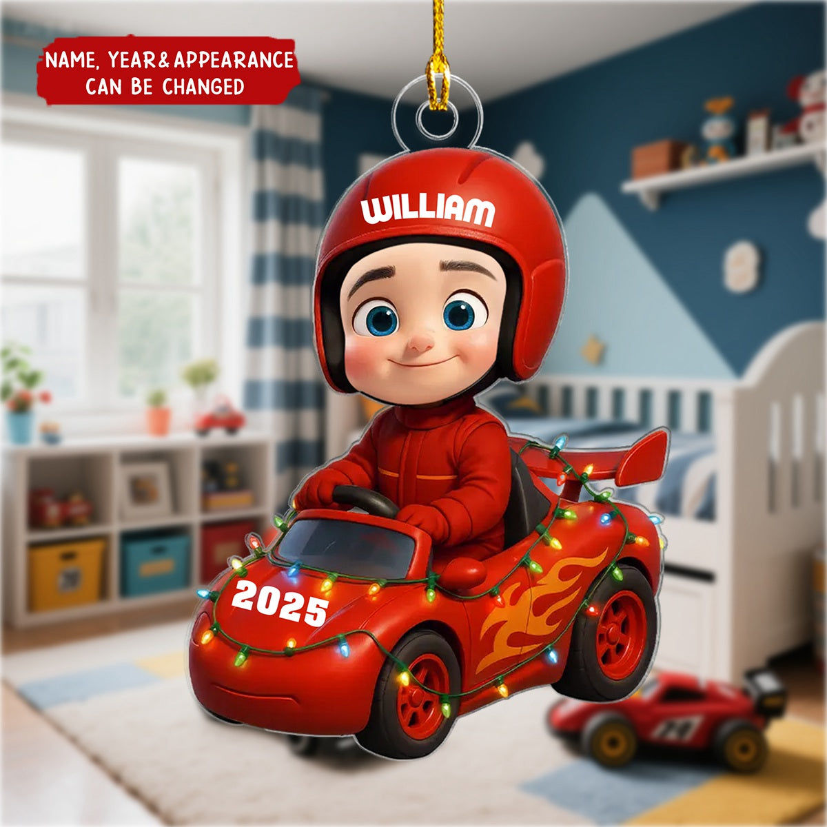 Little Kid Racing Car - Personalized Christmas Acrylic Ornament