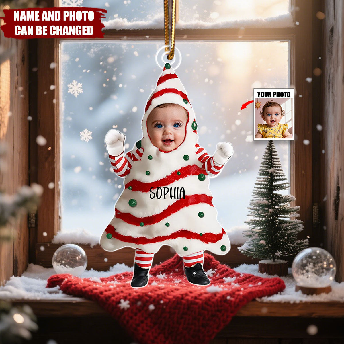 Christmas Tree Cake With Custom Baby Photo - Personalized Christmas Acrylic Ornament