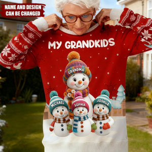 Cute Snowman Family In Snowy Village - Personalized Sweatshirt, Gift for Grandma & Grandpa