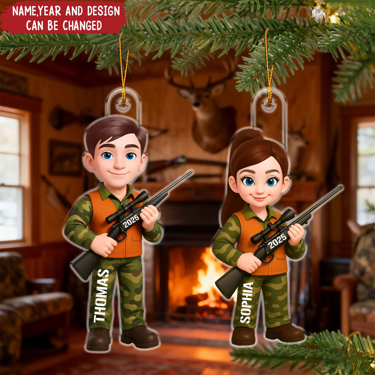 Christmas Boy Girl Hunting - Personalized Christmas Acrylic Ornament
