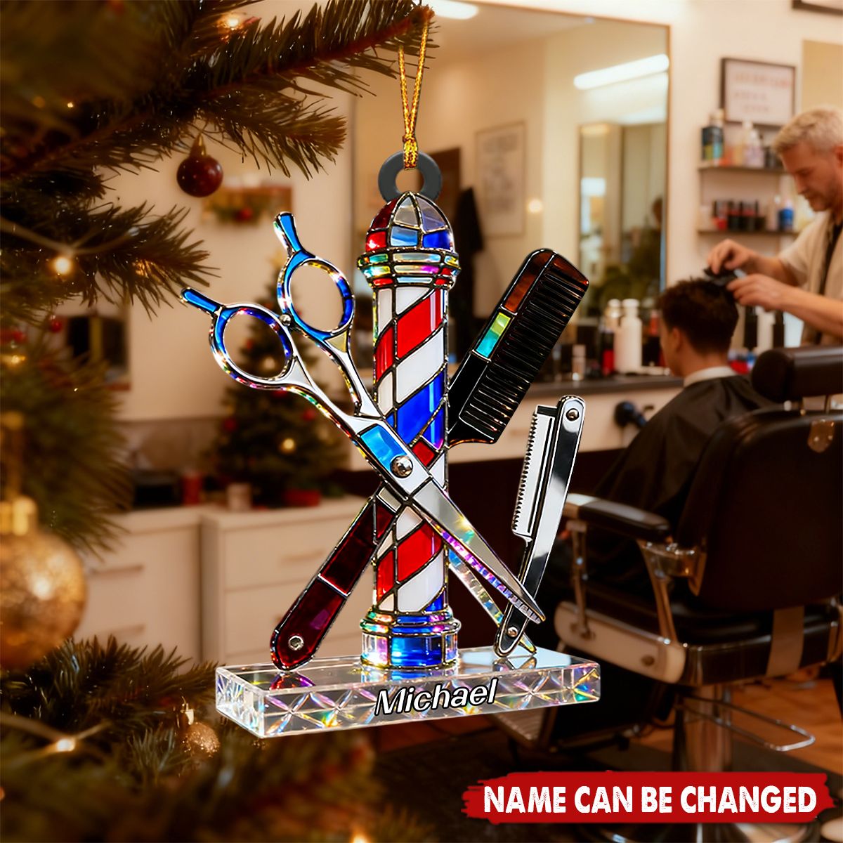 Barber Tool Art Figurine Stain Glass Crystal Effect - Personalized Christmas Acrylic Ornament