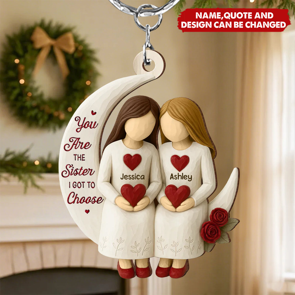 3D Effect Roses Besties On Moon - Personalized Wooden Keychain