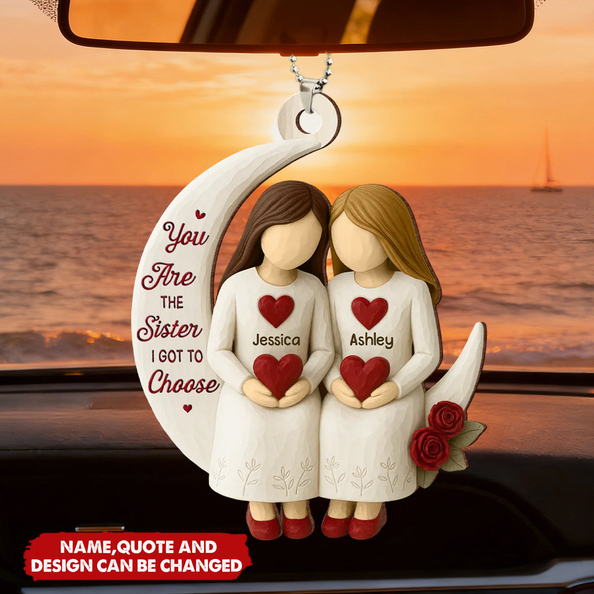 3D Effect Roses Besties On Moon - Personalized Car Ornament