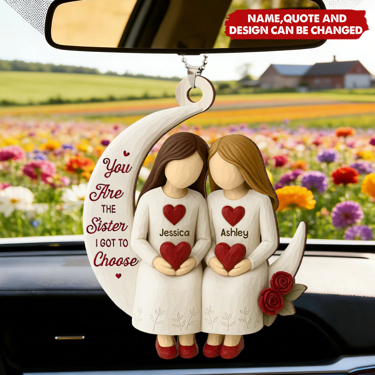 3D Effect Roses Besties On Moon - Personalized Car Ornament