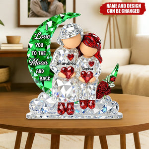 3D Crystal Effect Grandma Grandpa Grandkid Sitting on Moon - Personalized Acrylic Block Plaque - Heartfelt Home Decor for Grandma
