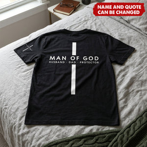 Man Of God - Custom Family Name On Sleeve - Pride Christian Gifts For Men, Husband, Dad - Personalized Shirt