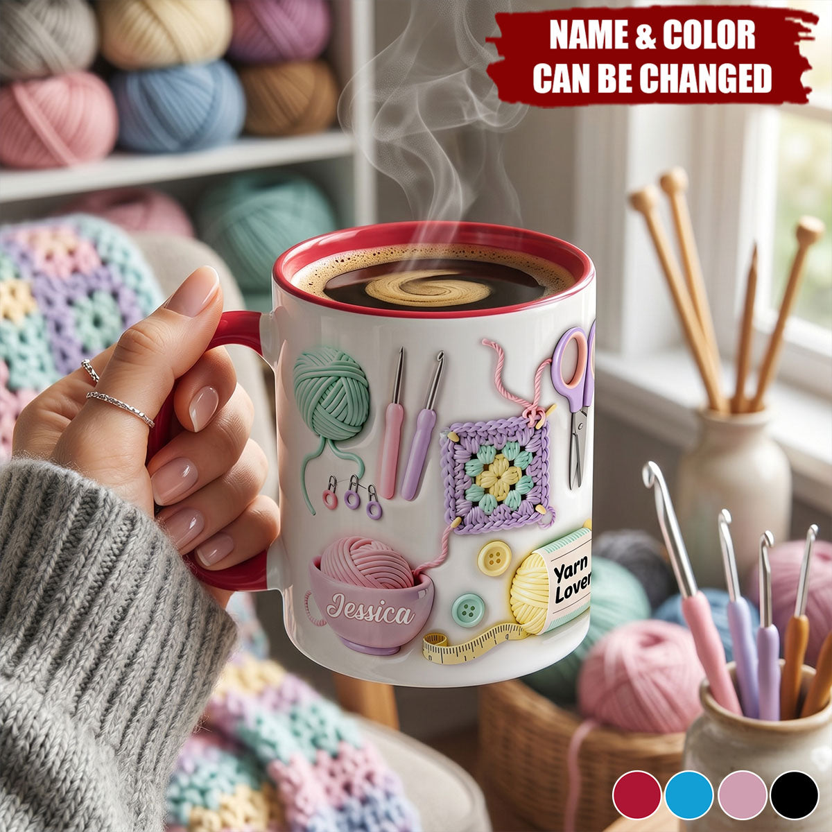 Yarn Balls And Crochet Hooks, Personalized Custom Accent Mug, Gift For Crafters