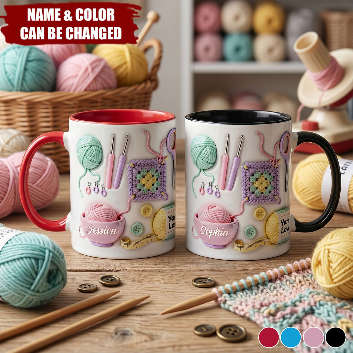 Yarn Balls And Crochet Hooks, Personalized Custom Accent Mug, Gift For Crafters