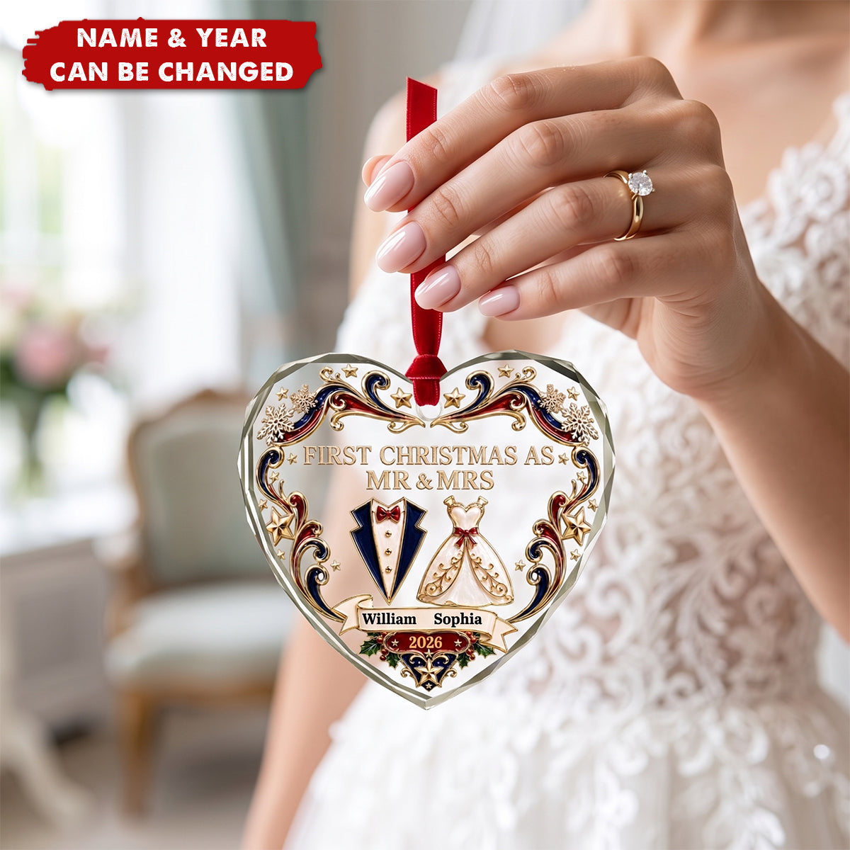 Custom First Christmas Heart Glass Ornament - Personalized Anniversary Christmas Wedding Gifts