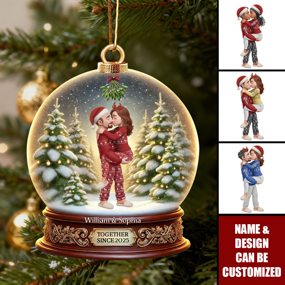 Couple Kissing Under Mistletoe 3D Realistic Snow Globe - Personalized Acrylic Ornament